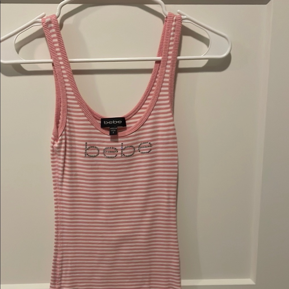 bebe Pink Striped Tank Top with Rhinestone Logo